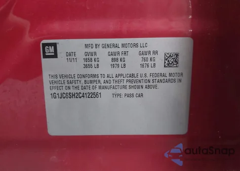 2012 Chevrolet Sonic 2Lt из США, поврежденный, VIN 1G1JC6SH2C4122561